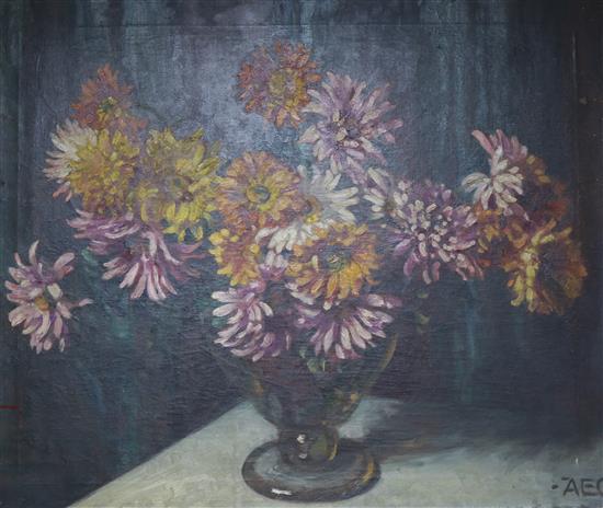 Alfred Egerton Cooper (1883-1974) Still life of chrysanthemums in a glass vase 63 x 76cm., unframed